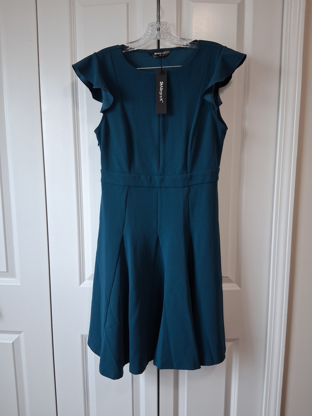 Allegra K Teal Flutter-Sleeve Fit-and-Flare Midi Dress